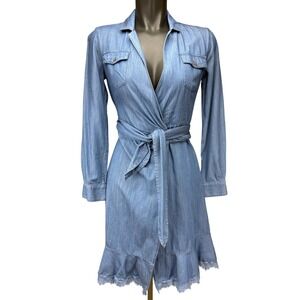 DIANE VON FURSTENBERG DVF "Aya" Tie Waist Raw Hem Chambray Blue Wrap Dress 2